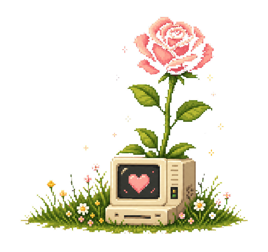 Pixel art rose growing from a retro computer with a heart on its screen
